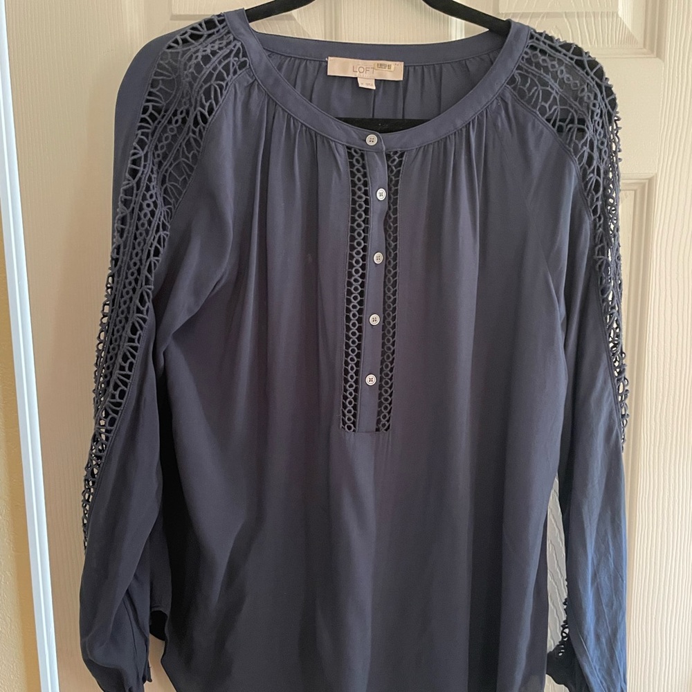LOFT Navy Button-Front Peasant Blouse with Crochet Shoulders